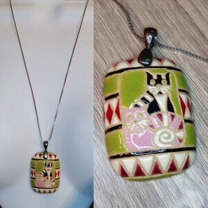 Ceramic Artisan Cats Pendant Sterling Silver Golem Art to Wear